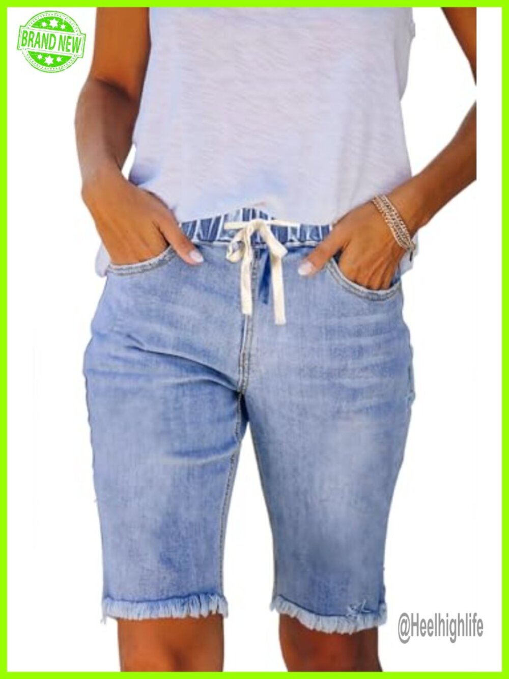 Bermuda Jean Shorts Stretchy Denim Mid Rise Raw Hem Drawstring Women